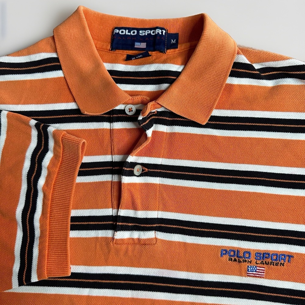 Vintage Y2K Polo Sport Ralph Lauren Shirt Mens Medium Red Orange Striped Cotton